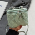 Quilted mint green mini box bag with elegant chain strap and floral metal charm - Small / Mint Green
