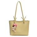 Minimalist cream beige leather tote bag with cute plush puppy charm and pearl detail - With Charm / Yellow