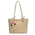Chic beige lychee leather tote bag with a cute puppy plush charm for daily commute - With Charm / Apricot
