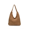 Bolso de hombro de paja marrón con forro interior para vacaciones de playa y ocio estival - Caqui