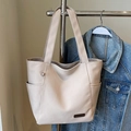 Minimalist cream-white large capacity tote bag with side pockets and shoulder straps - No Pendant / Khaki
