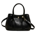Elegante borsa a secchiello in ecopelle intrecciata nera con doppi manici e fibbia d'oro - Nero - Senza Ciondolo