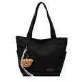 Minimalist black canvas tote bag with a cute brown teddy bear charm and wide straps - With Bear Pendant / Black
