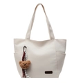 Minimalist cream canvas tote bag with side pockets and a cute brown plush bear charm - With Bear Pendant / Off White