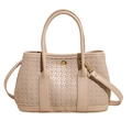 Borsa a secchiello beige intrecciata da donna con doppi manici e chiusura in oro lucido - Cachi - Senza Ciondolo