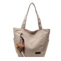 Large capacity canvas tote bag with bear charm and side pockets for daily commuting - With Bear Pendant / Khaki