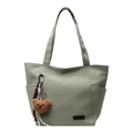 Minimalist bean green tote bag in nylon fabric with brown bear charm and side pocket - With Bear Pendant / Green