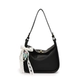 Black litchi grain leather shoulder bag with gold lock and lace bow doll pendant - Black with Doll Charm