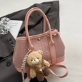 Pink woven texture bucket bag with cute plush bear charm and golden magnetic clasp - Pink With Bear Charm