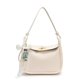 Cream-colored lychee leather shoulder bag with gold twist lock and pearl doll charms - Creamy White with Doll Charm
