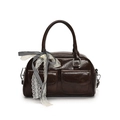 Dark brown bow shoulder bag in vintage oiled leather with spacious bowling style design - Brown