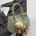 Mint green woven bucket bag with long handles and a cute teddy bear charm pendant - Green With Teddy Bear
