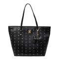 Classic black tote bag with bear print, lychee texture, and small dog charm - Style with Puppy Pendant / Black