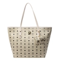 Classic cream printed tote bag with bear monogram pattern and elephant charm - Style with Puppy Pendant / Off White