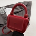 Elegant red oily leather box bag with round handle and silver metal hardware strap - Red - No Pendant
