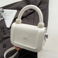 Elegant white glossy oil wax leather square crossbody bag with silver logo detail - White without Pendant