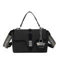 Black leather flap handbag with textured fabric and a geometric jacquard wide shoulder strap - Black