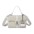 Elegant beige canvas crossbody bag with white leather trim and geometric wide strap - White