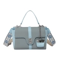 Blue and gray patchwork crossbody bag with bohemian wide strap and mini charm - Blue