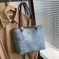 Minimalist large capacity tote bag in blue-grey matte finish with brown straps - Blue (Without Charm)