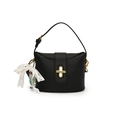 Elegant black lychee grain leather bucket bag with golden buckle and lace bow decoration - Doll Charm / Black