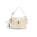 Creamy white lychee grain bucket bag with golden cross lock and lace bow charm - Doll Charm / Off White