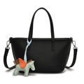 Black lychee leather bucket bag with top handles and a colorful pegasus charm accessory - Black