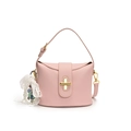 Pale pink lychee grain leather bucket bag with pearl lace charm and crossbody strap - Doll Charm / Pink