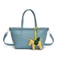 Chic light blue lychee leather bucket bag with a stylish yellow horse charm and long strap - Summer Blue