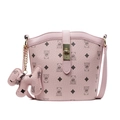 Pink lychee texture bucket bag with bear patterns and thin adjustable shoulder strap - Pink With Dog Charm