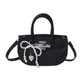 Sac seau noir en cuir litchi avec nœud en perles et fermoir rotatif argenté élégant - Noir (Avec Pendentif)
