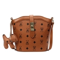 Brown monogram bucket bag with dog charm and metal lock in textured faux leather - Brown With Dog Charm