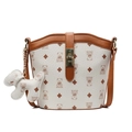Classic white and brown bucket bag with monogram pattern and small dog charm - White And Brown With Matching PU Dog Pendant