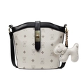 Classic white bucket bag with bear print, black trim, and golden lock for women - White And Black With Matching PU Dog Pendant
