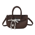 Sac seau marron en cuir avec fermoir argenté et pendentif de nœud en perles élégant - Café (Avec Pendentif)