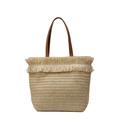 Stroh-Tragetasche in Beige mit braunen Ledergriffen und Fransenbesatz für den Sommer - Gebrochenes Weiß