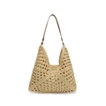 Beige hollow crochet straw tote bag with brown leather straps for summer beach vacations - Off White