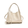 Elegante borsa a secchiello bianco crema in pelle martellata con nastro di pizzo - Bianco
