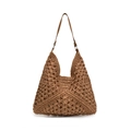 Hollow straw woven tote bag in caramel brown finish with leather straps for beach vacation - Khaki