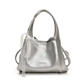 Borsa a secchiello argento con trama litchi e decorazione fiocco in pizzo bianco - Argento