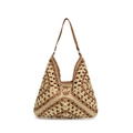 Contrast hollow straw tote bag in beige and brown with slim leather strap for beach - Beige & Khaki