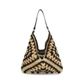 Crochet tote bag featuring black and beige checkerboard pattern and woven shoulder strap - Beige & Black