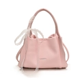 Pink lychee grain leather bucket bag with white lace bow and elegant top handle - Pink