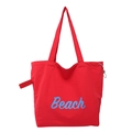 Large bright red nylon tote bag with blue Beach lettering and long handles - Red