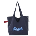 Minimalist navy blue lightweight tote bag with Beach print and drawstring detail - Navy Blue