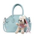 Light blue lychee pattern shell handbag with a cute plush puppy pendant and strap - Blue (With Dog Pendant)