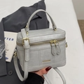 Chic gray leather vanity case box bag with golden hardware and adjustable strap - Grey (Without Pendant)