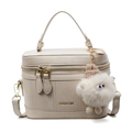 Chic beige box crossbody bag with top handle and cute plush charm for women - Off-White (With Pendant)