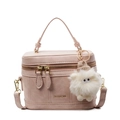 Pink faux leather box shoulder bag with top handle and white plush charm accessory - Pink (With Pendant)