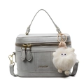 Light gray leather box bag with gold zippers and a plush toy charm in variant view - Grey (With Pendant)